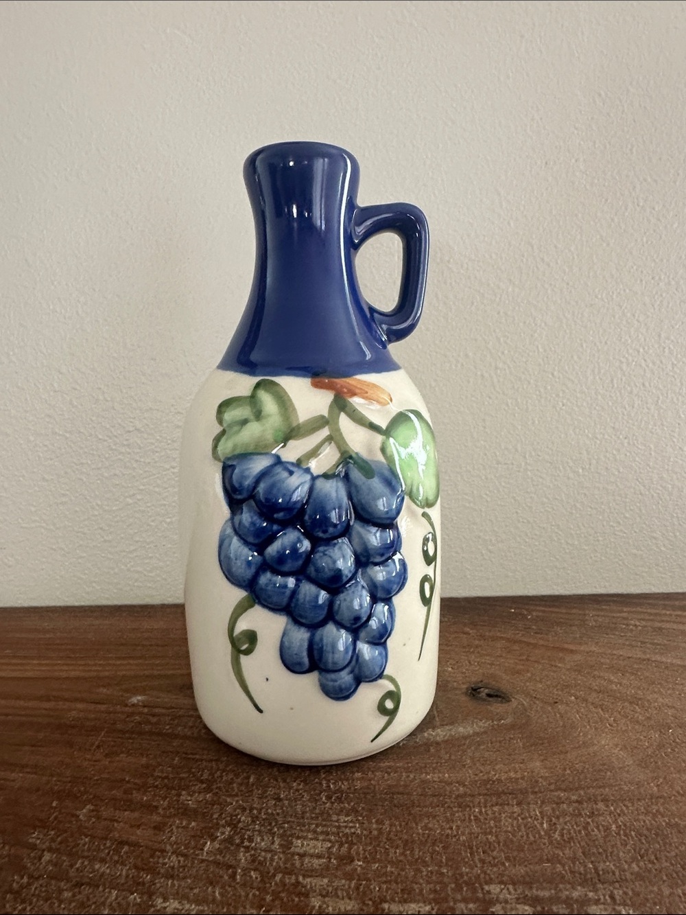 Vintage Italian Ceramic Oil Cruet Decanter - Hand Painted Blue Grape - Italy